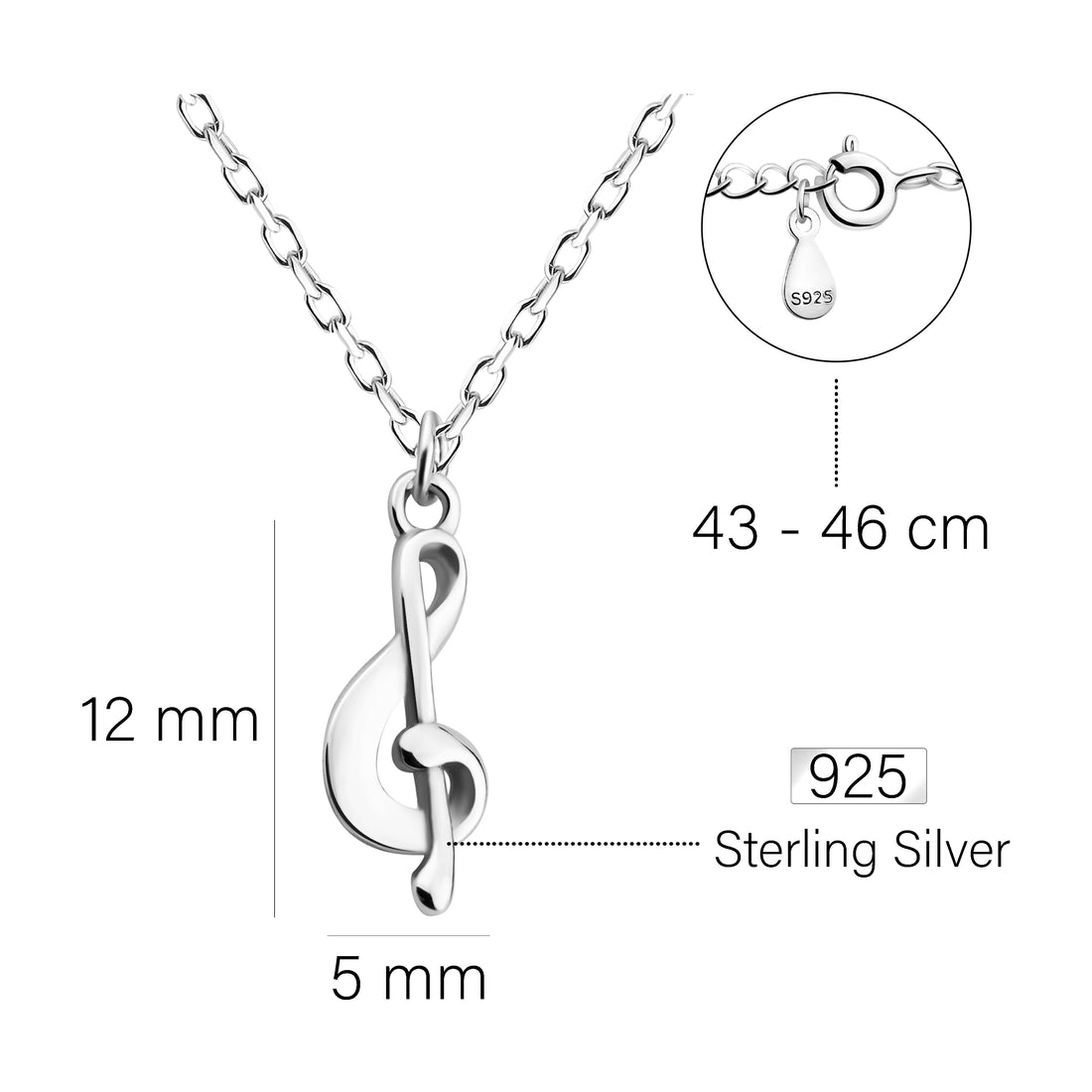 Maßenansicht von Violinschlüssel Halskette in 925 Silber von Sofia Milani - N0630