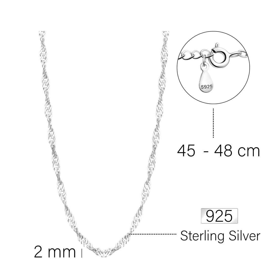 Maßenansicht von Singapur Kette Halskette in 925 Silber von Sofia Milani - N0634