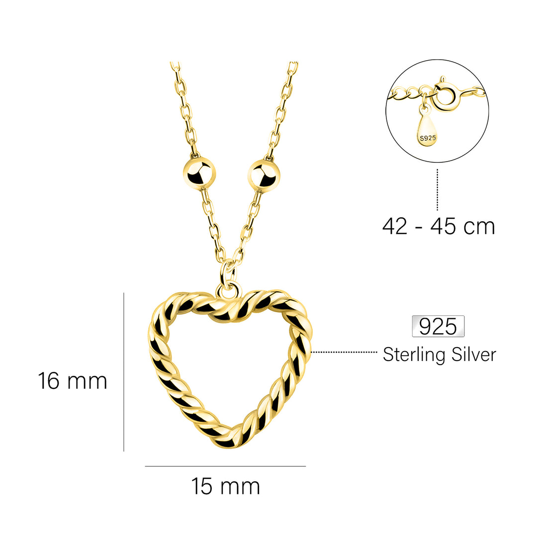 Maßenansicht von Herz Kugel Halskette in 925 Silber von Sofia Milani - N0695